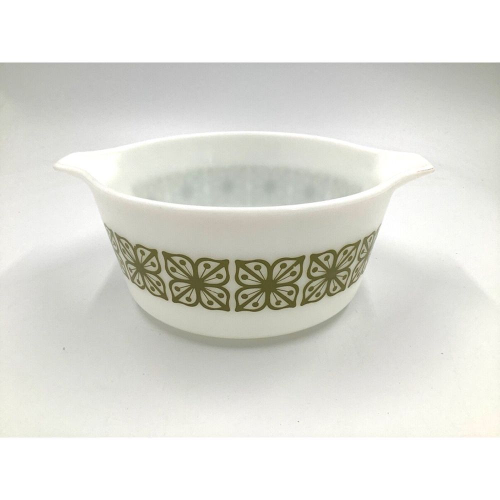 Pyrex Verde Square Green Flowers 1 1/2 qt 474B Casserole Dish Vtg